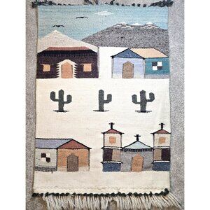 Woven Wool Southwestern Wall Hanging Tapestry Cactus Church Mountains 29" x 45"